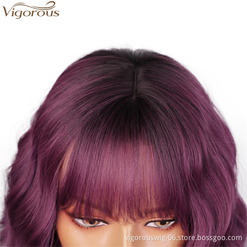 Vigorous Fashion Girl Synthetic Short Wavy Wigs Natural Short Bob Purple Wig With Neat Bangs  Heat Resistant Wholesale Price